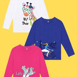 NUSYL Girls Pack of 3 White & Blue Printed T-shirt-image-77