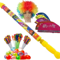 (1 Pichkari+3 Magic Balloon+10 Holi Cap+1 Malinga Wig)For Kid's Holi combo Pack Water Gun-picture-15