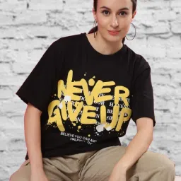 Women Typography Round Neck Reversible Cotton Blend Black T-Shirt-image-7