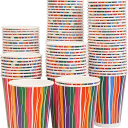 Pack of 100 Paper Cups 300ml Stripe Printed Disposable Party for Hot & Cold Beverages-image-32