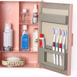 Bathroom Mirror Box Wall Cabinet with Mirror 4 Shelf 10x14 inch pink Plastic Wall Shelf-image-12