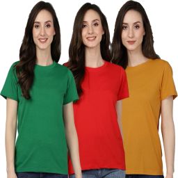 Pack of 3 Women Solid Round Neck Cotton Blend Multicolor T-Shirt-image-60