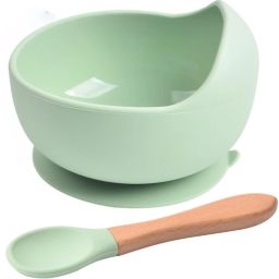 Baby Kids Feeding Silicone Bowl & Wooden Handle Spoon, Babies Bowl & Spoon Set - Silicone-image-81