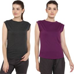 Pack of 2 Women Solid Round Neck Pure Cotton Purple, Grey T-Shirt-image-91