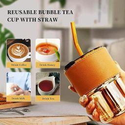 Reusable Bubble Tea Glass Cup with Lid and Straw-image-40