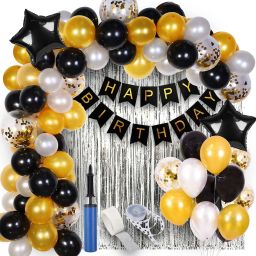 Solid Happy Birthday decoration Kit items with Silver Curtain and Balloon Pump Balloon-image-61