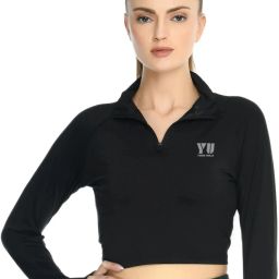 Women Solid Zip Neck Polyester Black T-Shirt-image-15