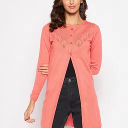 Crozo By Cantabil Women Coral Self Design Acrylic Longline Cardigan-picture-20