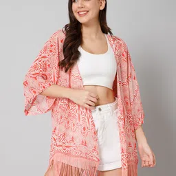 PURYS Ethnic Motifs Printed Tasselled Open Front Shrug-34