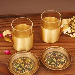 JAYPORE Gold-Toned 6 Pieces Borosilicate Glass Brass Mugs 250ml With Plates-picture-33