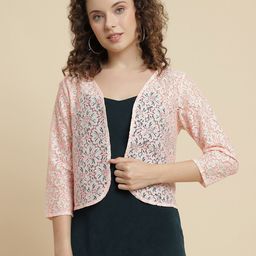 UnaOne Self Design Lace Open Front Crop Cotton Shrug-16