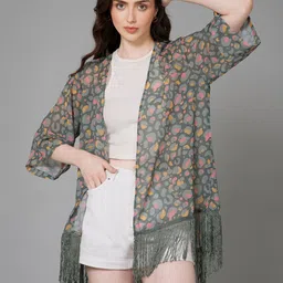 PURYS Women Printed Tasselled Shrug-21