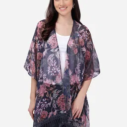 Fbella Women Black & Pink Printed Tasselled Shrug-picture-20