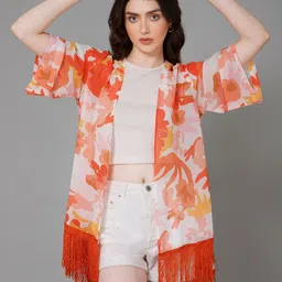 PURYS Women Printed Tasselled Longline Shrug-36