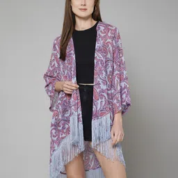 PURYS Floral Printed Open Front Longline Shrug-5