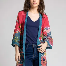 SHAYE Women Pink & Blue Printed Longline Shrug-16