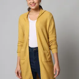 BROOWL Women Mustard Striped Longline Hooded Shrug-32