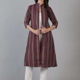 Enchanted Drapes Printed Mandarin Collar Open Front Pure Cotton Longline Shrug-30