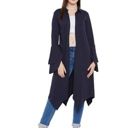 Hypernation Women Navy Blue Longline Open Front Cotton Shrug-12