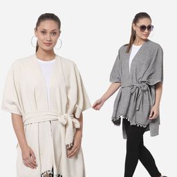 Arrabi Women Pack of 2 White & Grey Tie-Up Shrug-26