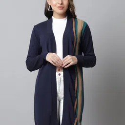 Crozo By Cantabil Women Navy Blue & Brown Striped Open Front Shrug-picture-38