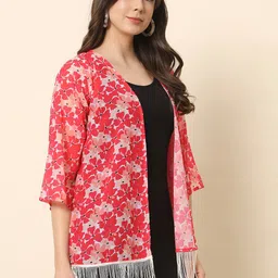 Trend Arrest Floral Printed Fringed Open Front Shrug image 2
