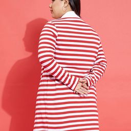 SASSAFRAS Curve Red Plus Size Striped Longline Pure Cotton Front Open Shrug image 3
