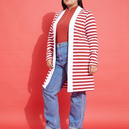 SASSAFRAS Curve Red Plus Size Striped Longline Pure Cotton Front Open Shrug image 2