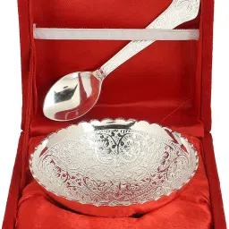 Silver Plated Serving Bowl Handicrafts Brass Silver Plated Serving Bowl and Spoon Set of 2 Piece for Diwali Gift-4