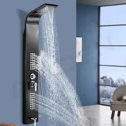 AGOEN Black Thermostatic 5-in-1 Shower Panel Tower Wall Mounted Luxury Shower Panel with Mixer, Massage Jets & Handheld Shower Rainfall & Waterfall Overhead Shower | Multi-Mode Hand Shower Included-32