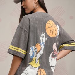 Women Printed Round Neck Cotton Blend Grey T-Shirt-image-3