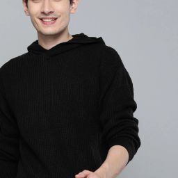 Men Woven Hooded Neck Black Sweater-image-30