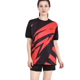 Women Chevron/Zig Zag, Graphic Print, Solid, Printed, Sporty Round Neck Polyester Black, Red T-Shirt-1