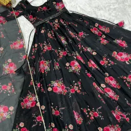 Women Printed, Floral Print, Solid, Embellished, Self Design Georgette Anarkali Kurta With Attached Dupatta-image-39