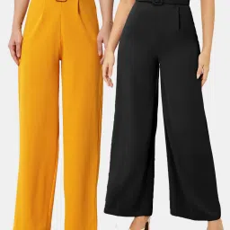 Pack of 2 Women Regular Fit Yellow, Black Viscose Rayon Trousers-image-18