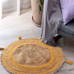 SASHAA WORLD Beige & Mustard Yellow Jute Braided Round Floor Mat With Tassels-image-25