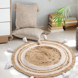 SASHAA WORLD Tan and White Jute Braided Round Floor Mat-image-76