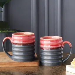 MIAH Decor 2 Pieces Peach-Coloured & Black Hand Painted Textured Stoneware Glossy Mugs Set-26