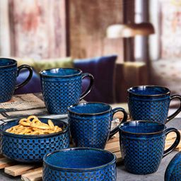 Roxx Blue & Black 8 Pieces Floral Printed Ceramic Glossy Mugs With Bowls-image-56