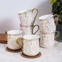 JCPL White & Yellow 6 Pieces Printed Ceramic Glossy Cups 200 ml-image-13