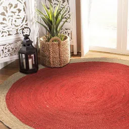 HABERE INDIA Red & Beige Solid Round Rug Carpet-2