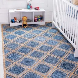 HABERE INDIA Blue & Beige Printed Jute Carpet-15