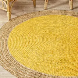 HABERE INDIA Yellow & Beige Jute Textured Circular Woven Carpet-12