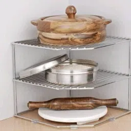 Chakla/Belan Kitchen Rack GP stainless steel multipurpose Kitchen Plate Dish Corner Shelf Rack Stand Shelves Holder, Kitchen Tray pan Pot Utensils chakla belan Storage Cupboard Organizer for Home(25.5 * 25.5 * 22 CM) Steel-image-97