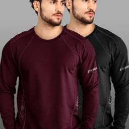 Pack of 2 Men Solid Round Neck Polyester Maroon, Black T-Shirt-image-118