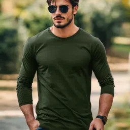 Men Solid Round Neck Cotton Blend Dark Green T-Shirt-image-16