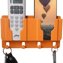 thekiteco. Wall Mount Mobile/Remote Stand with Space for 2 Mobiles & Key Hanger - Orange Mobile Holder-28