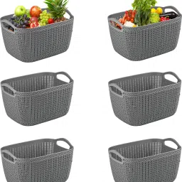 Plastic Pack of 6 Multi-Purpose Plastic Basket for Storage Q6 | (10 LTR) Grey Storage Basket-image-2