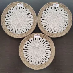 bulkysanta Beige & Off White Cotton Round Shaped Dia 9 (Set of 3) Placemat-picture-8