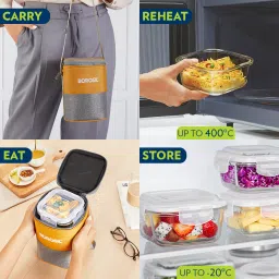 borosil Zest Glass Lunchbox, 3pc Square Set (320ml Each), Office Tiffin Box 3 Containers Lunch Box image 3